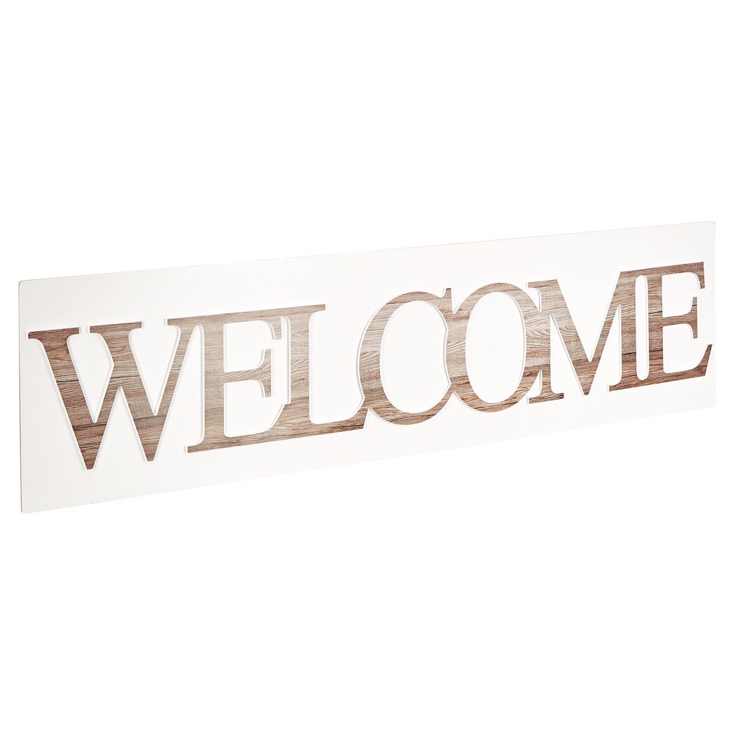 Weißes Holzschild mit dem Schriftzug "Welcome"