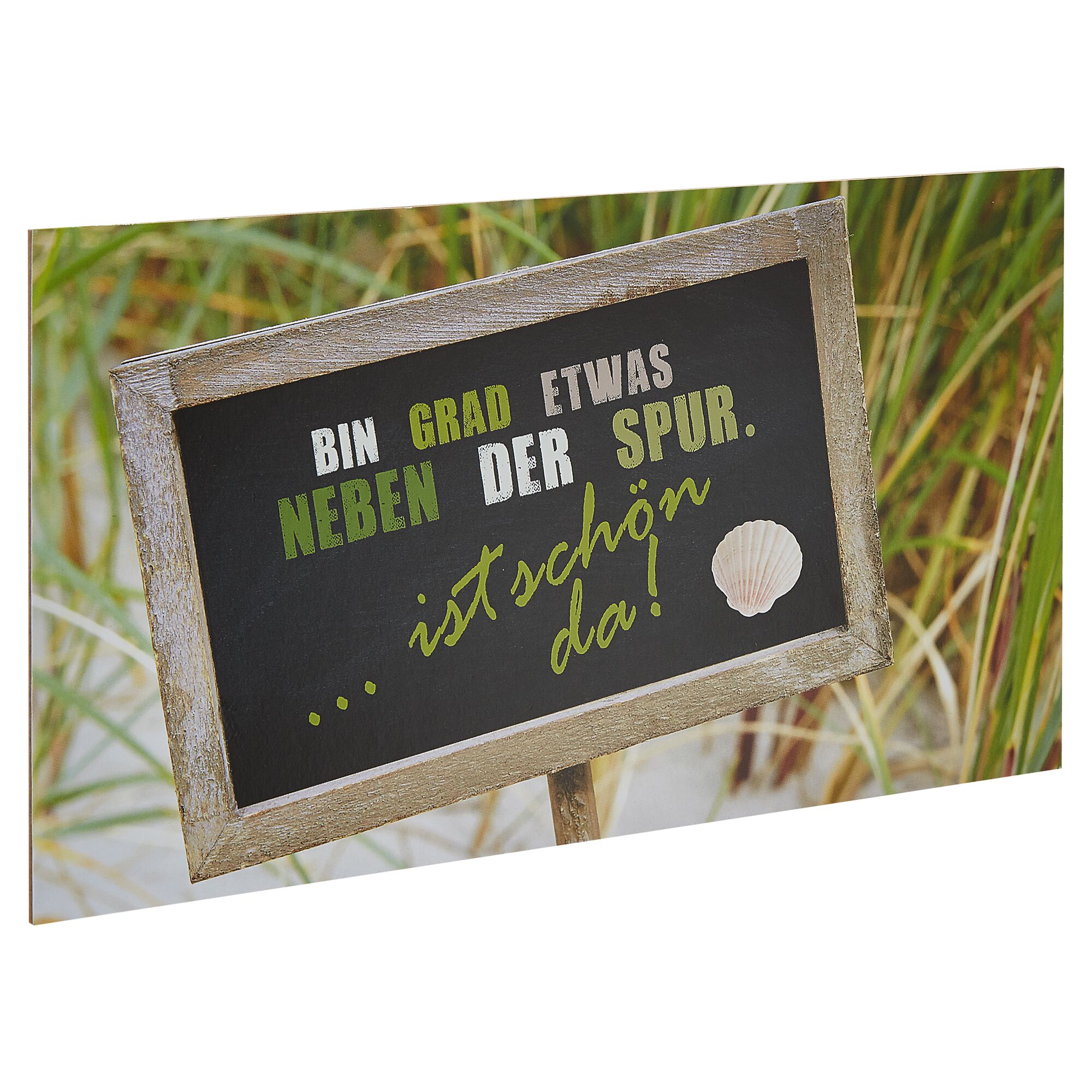 Schild mit Muschel: Bin grad etwas neben der Spur… ist schön da!