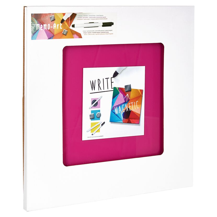 Pinkes Memo-Art mit Stift und Magneten.