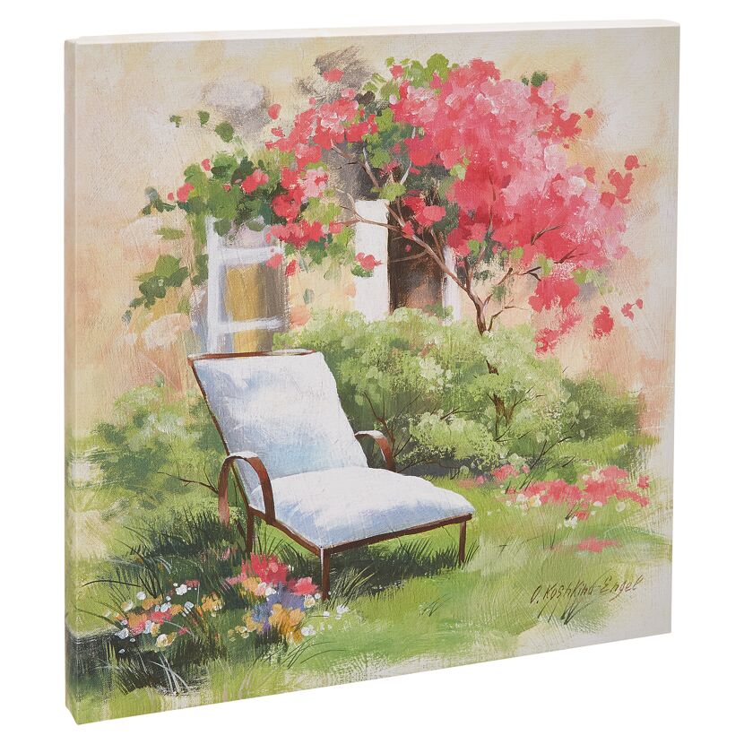 Leinwandbild mit Gartenmotiv, weißer Sessel