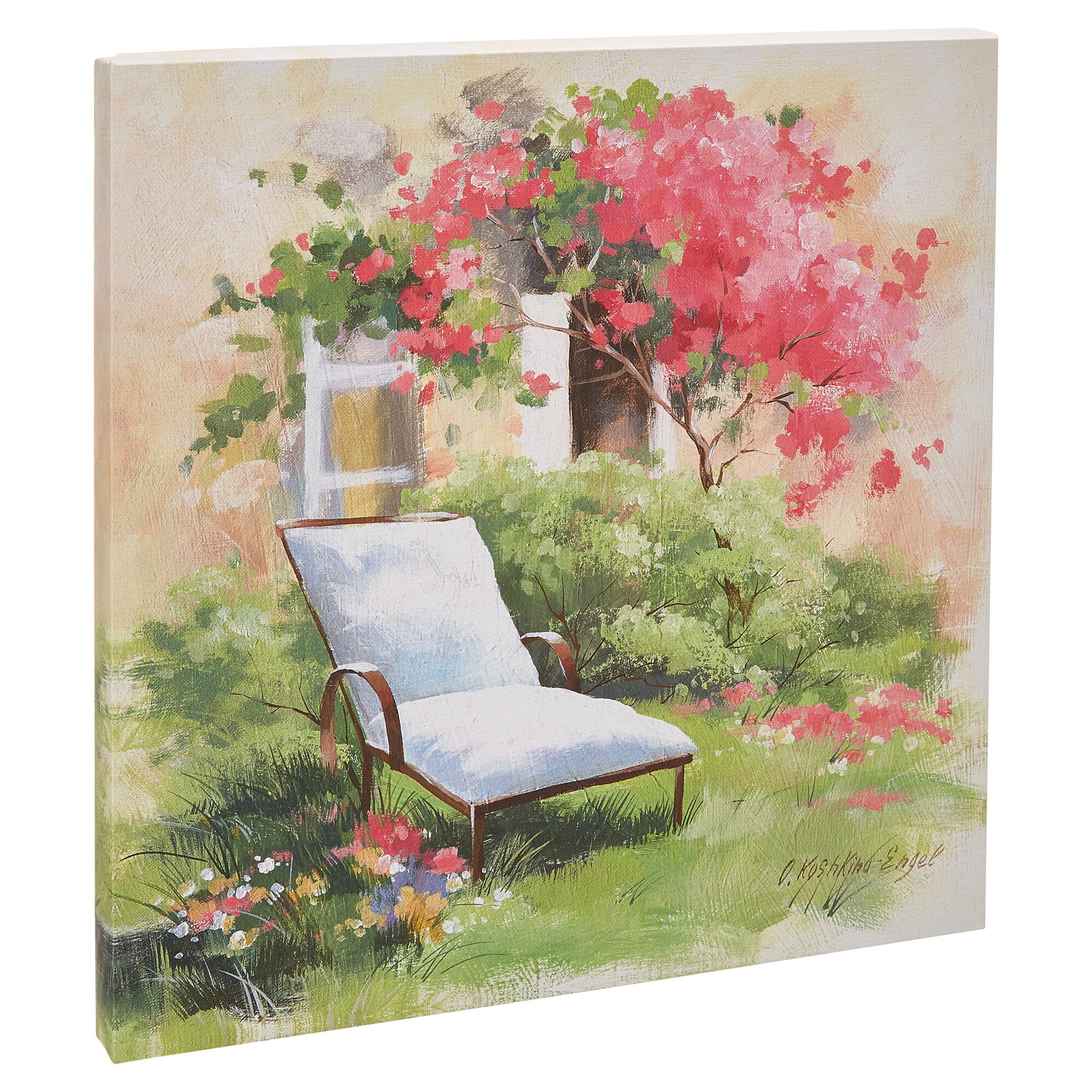 Leinwandbild mit Gartenmotiv, weißer Sessel