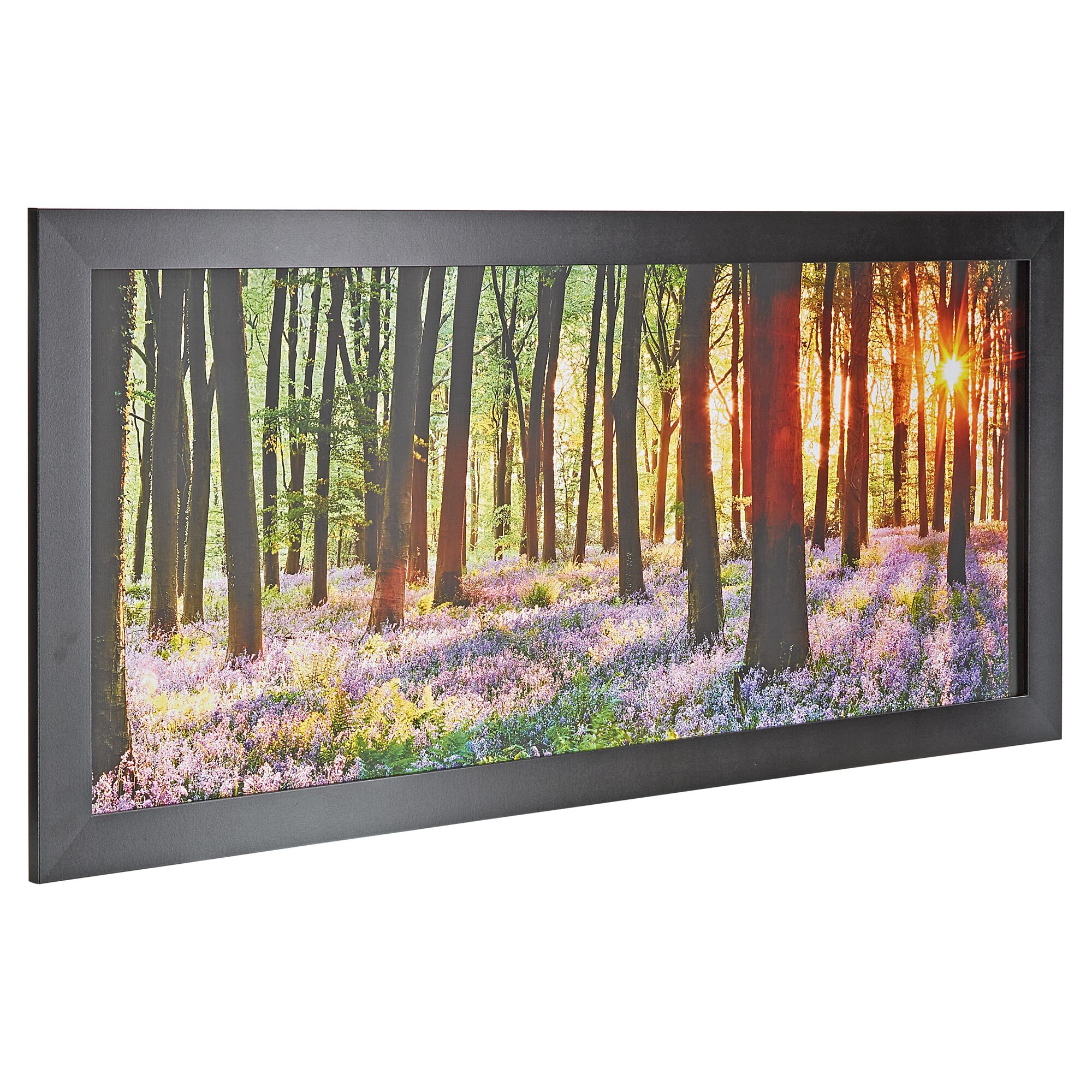 Gerahmtes Bild: Sonnenuntergang im Wald mit lila Blumen