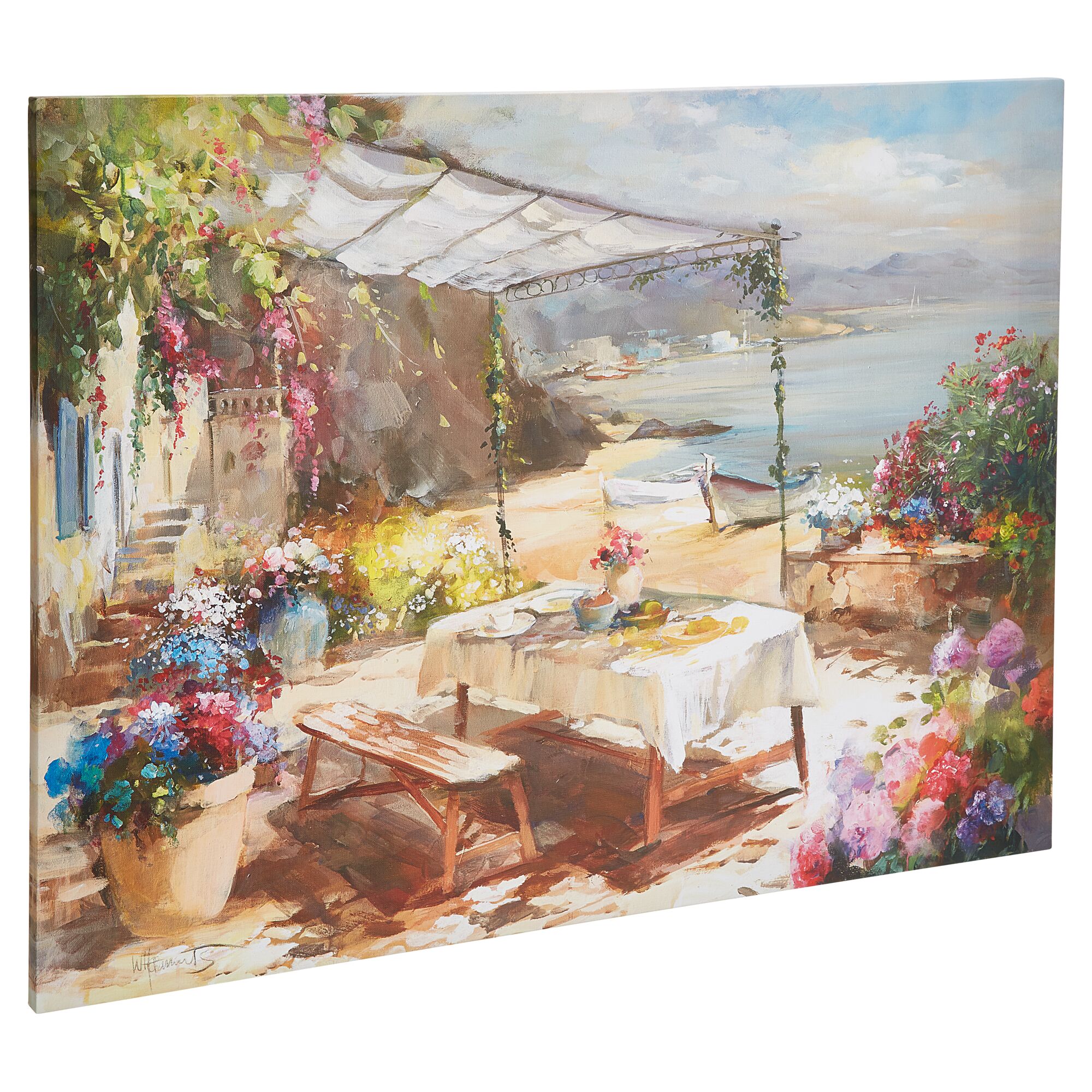 Gemaltes Bild: Gedeckter Tisch im Garten am Meer
