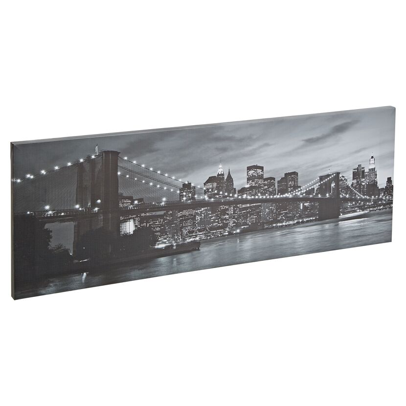 Schwarz-weißes Leinwandbild der Brooklyn Bridge bei Nacht.