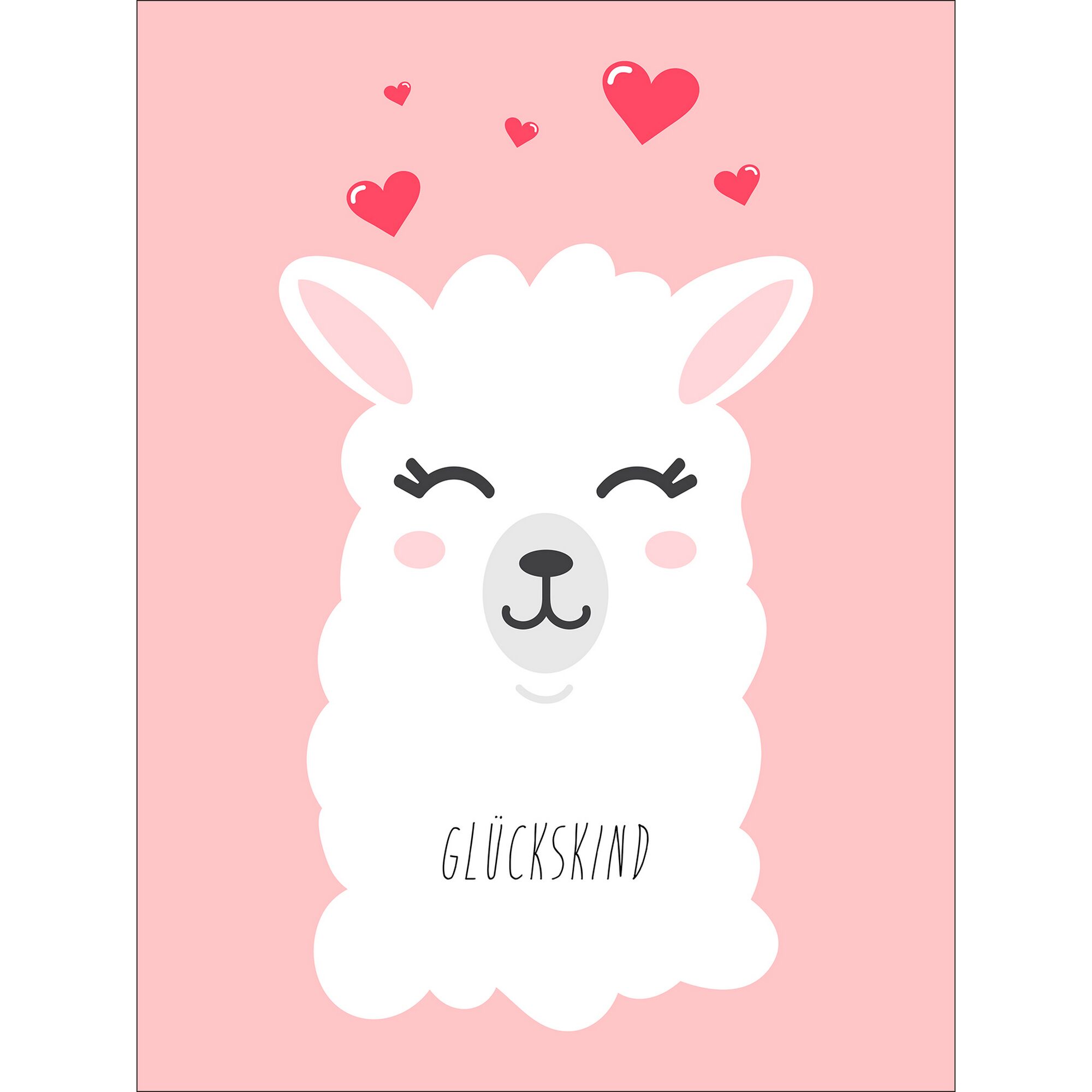 Ein süßes weißes Lama mit der Aufschrift "Glückskind" und Herzen.