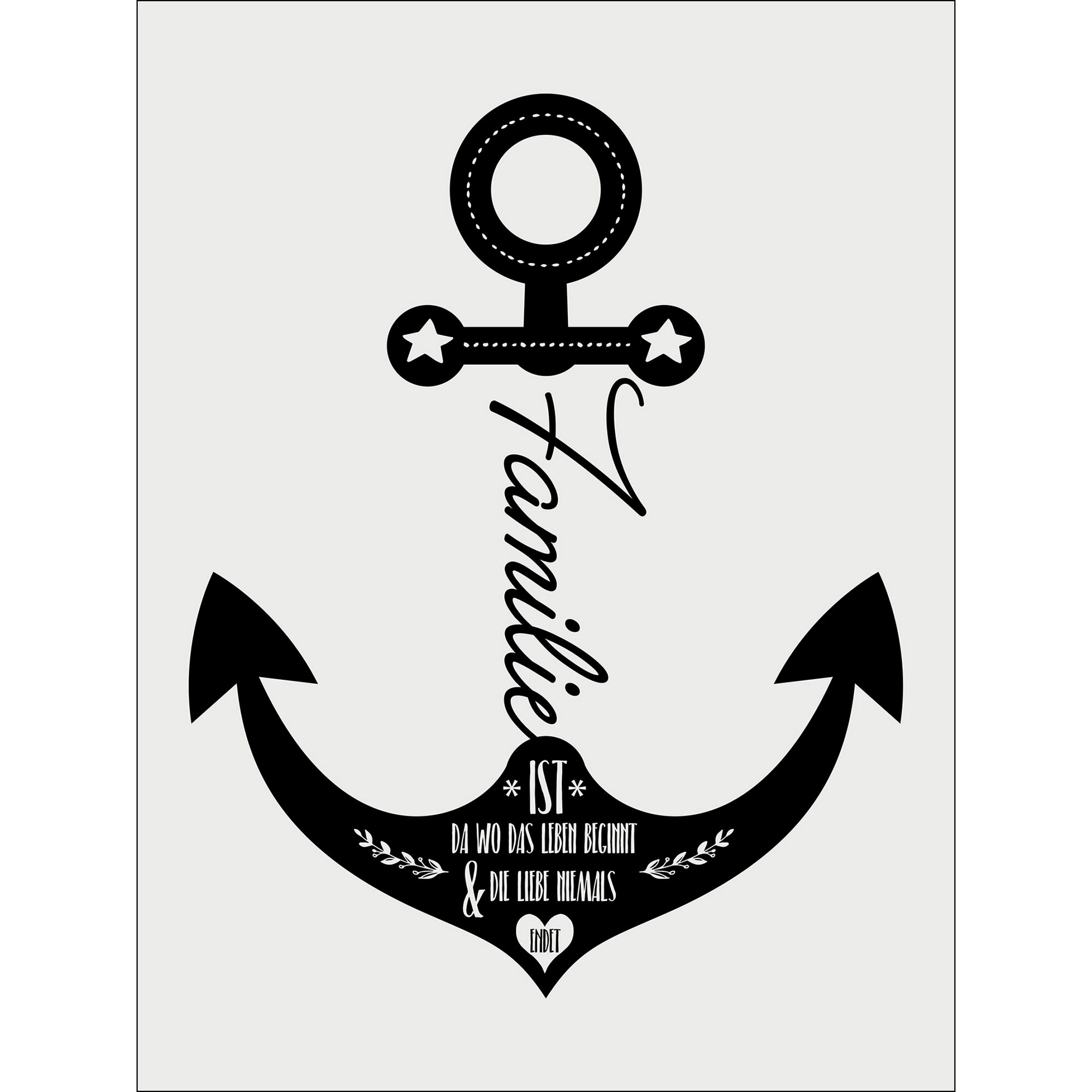 Schwarz-Weißer Anker mit Text "Familie ist da wo das Leben beginnt und die Liebe niemals endet"