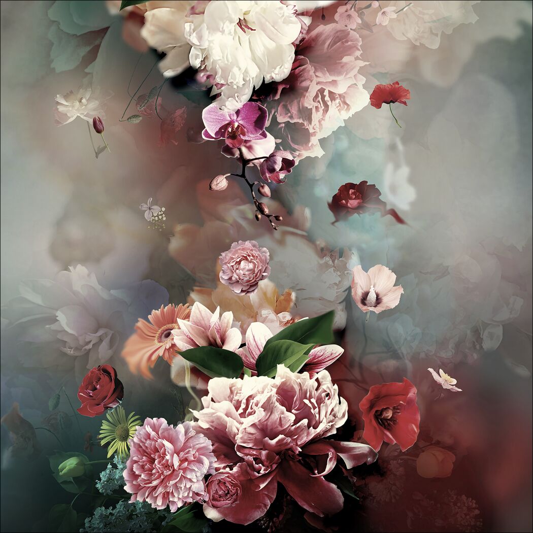 Blumenstrauß mit Pfingstrosen, Orchideen, Rosen, Mohn und Gerbera
