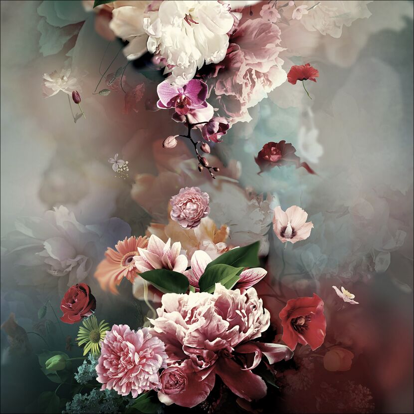 Blumenstrauß mit Pfingstrosen, Orchideen, Rosen, Mohn und Gerbera