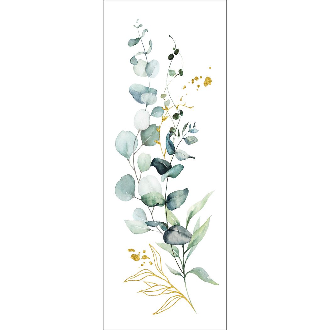 Aquarellmalerei von Eukalyptusblättern mit goldenen Akzenten.