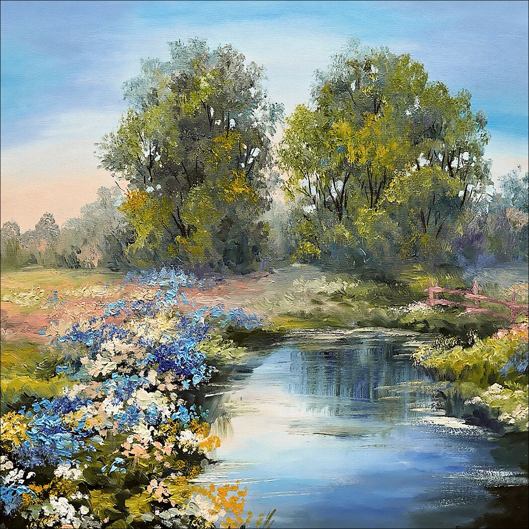 Gemälde eines Flusses mit Bäumen und Blumen
