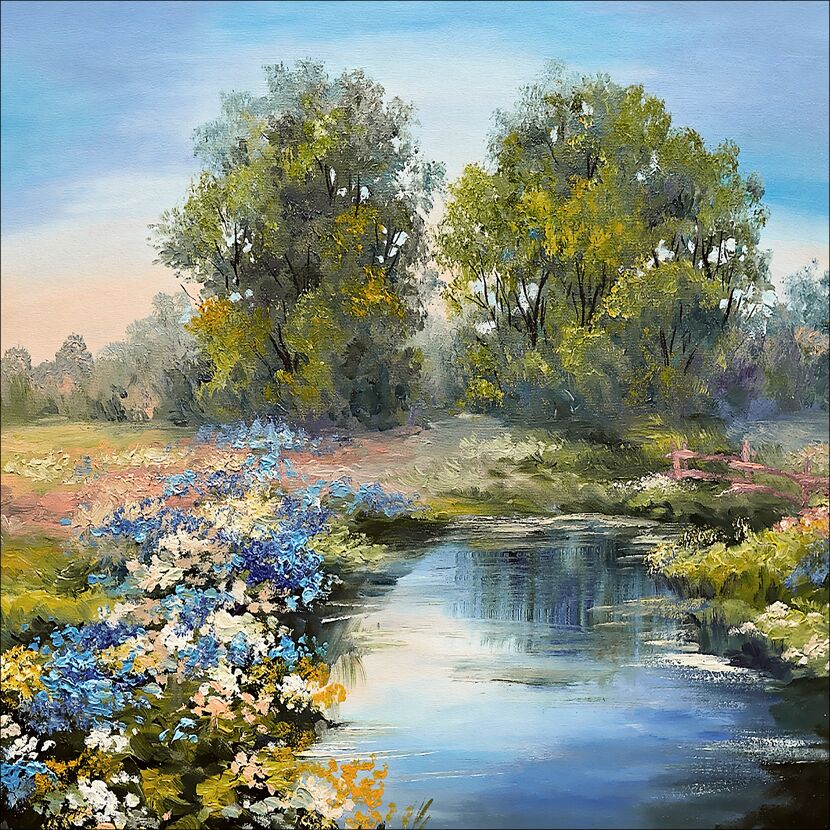 Gemälde eines Flusses mit Bäumen und Blumen