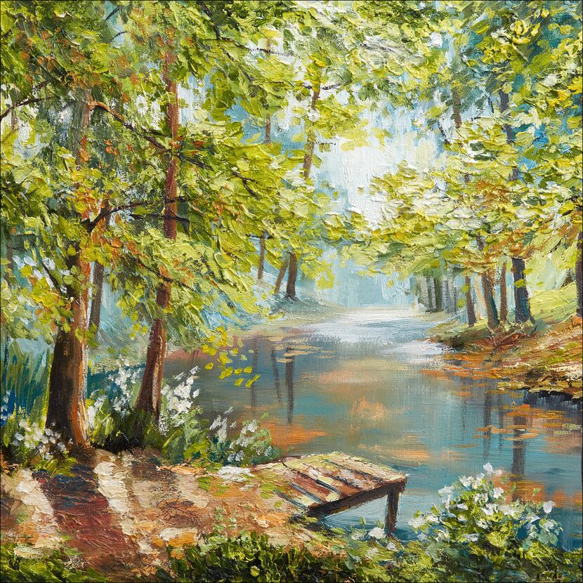 Gemälde eines Waldes mit Fluss und Steg.