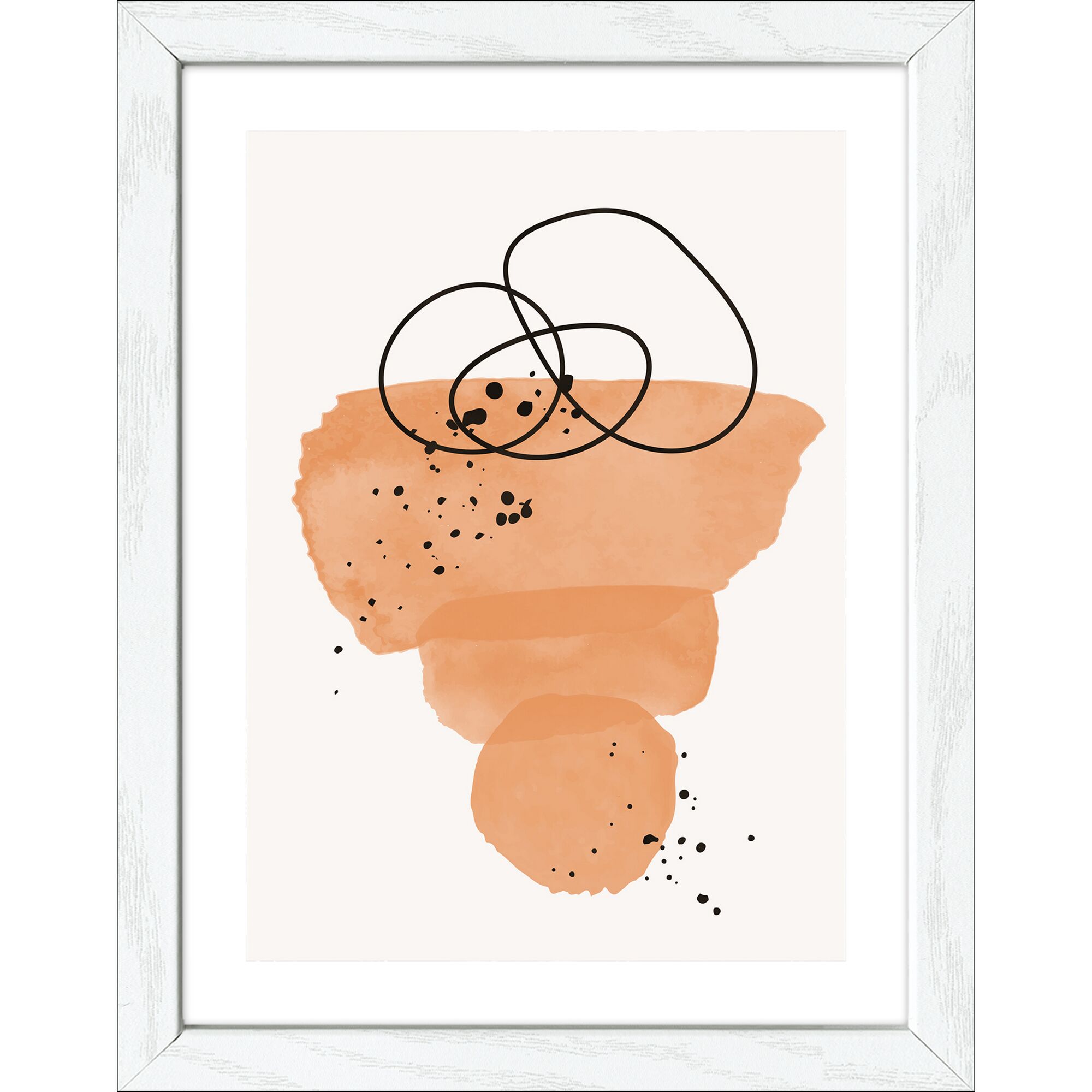 Abstrakte Kunst mit orangen Farbflecken und schwarzen Linien
