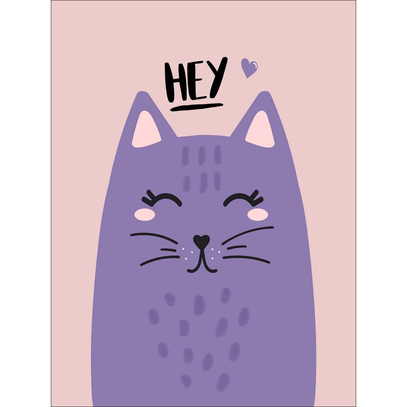 Lila Katze mit der Aufschrift "Hey"