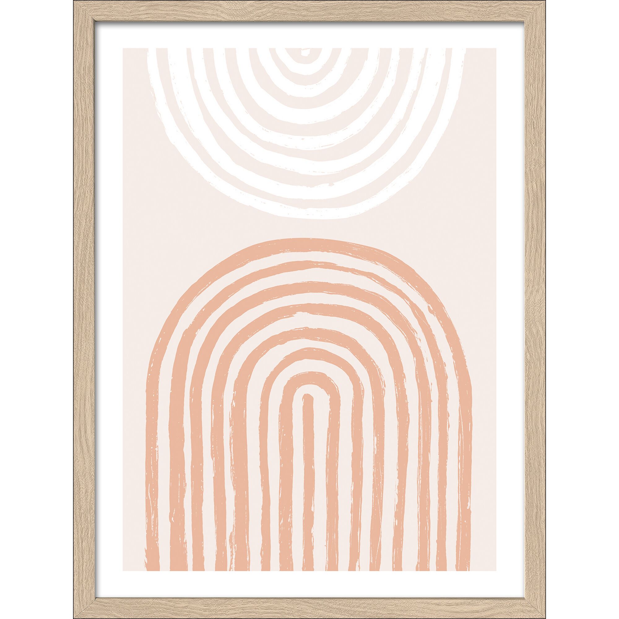 Abstrakte Kunst mit zwei Halbkreisen in Beige und Rosa.