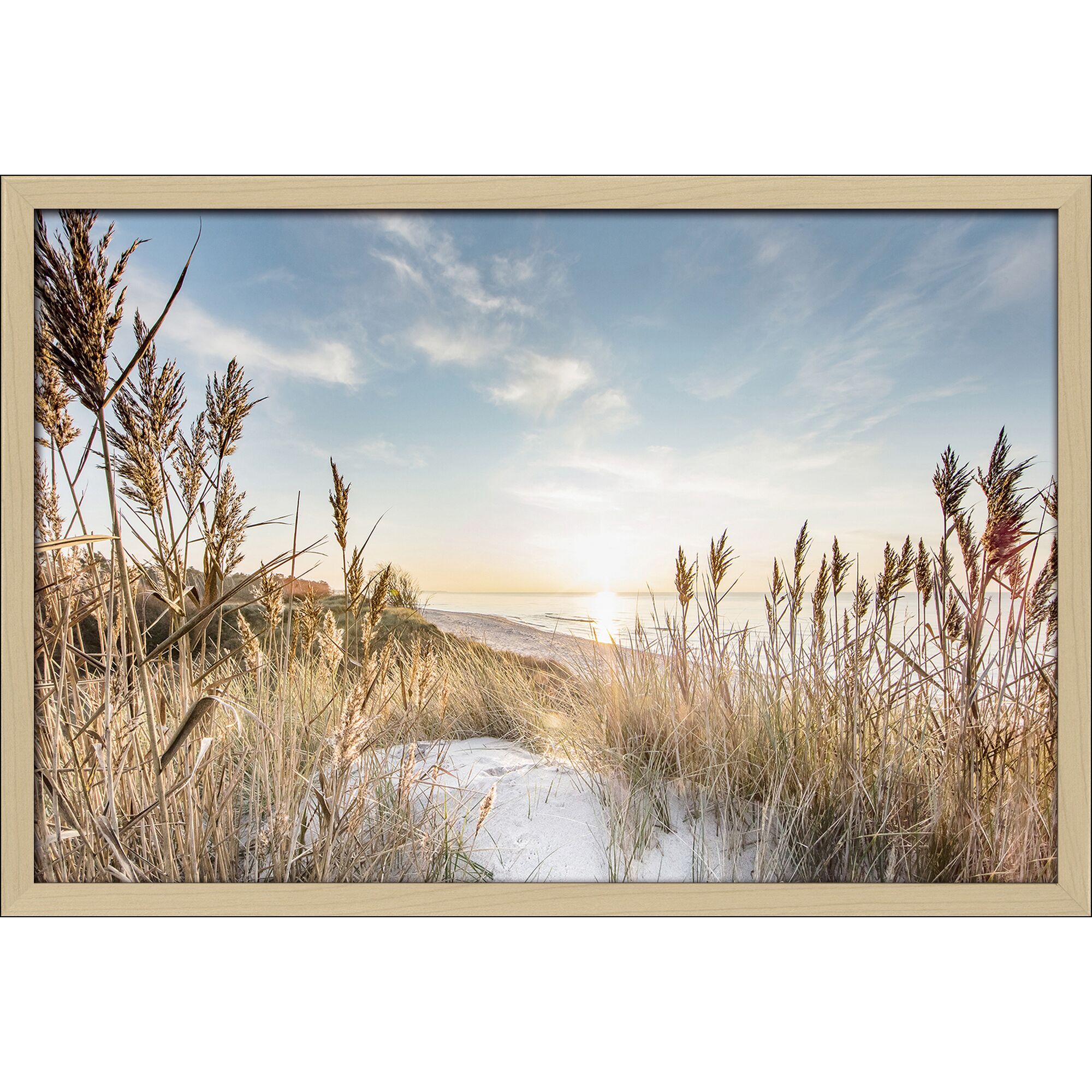 Sonnenuntergang am Strand mit Dünengras im Vordergrund