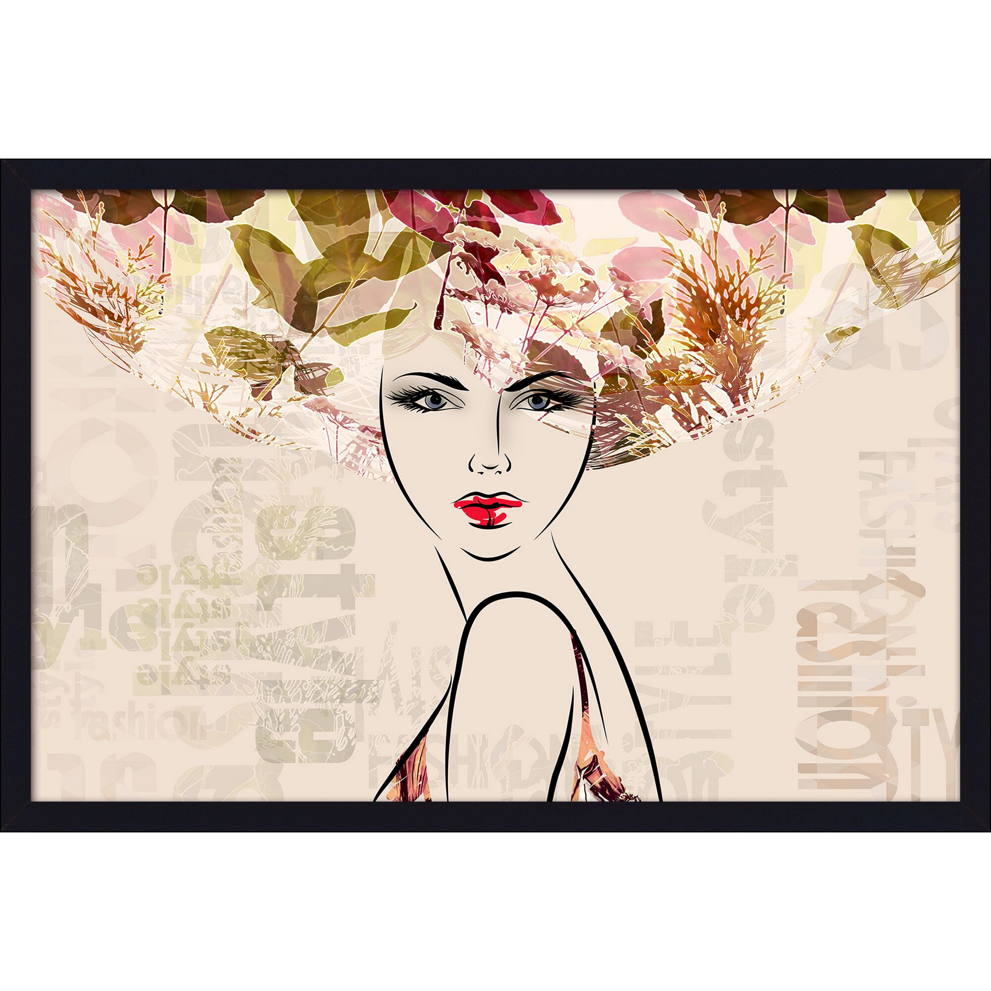 Frau mit roten Lippen und Blättern im Haar