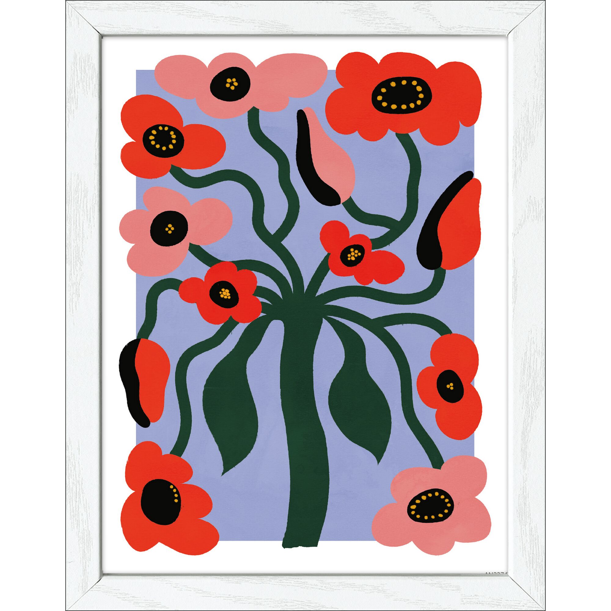 Abstrakte Blumenmalerei in rot und rosa auf blauem Grund.