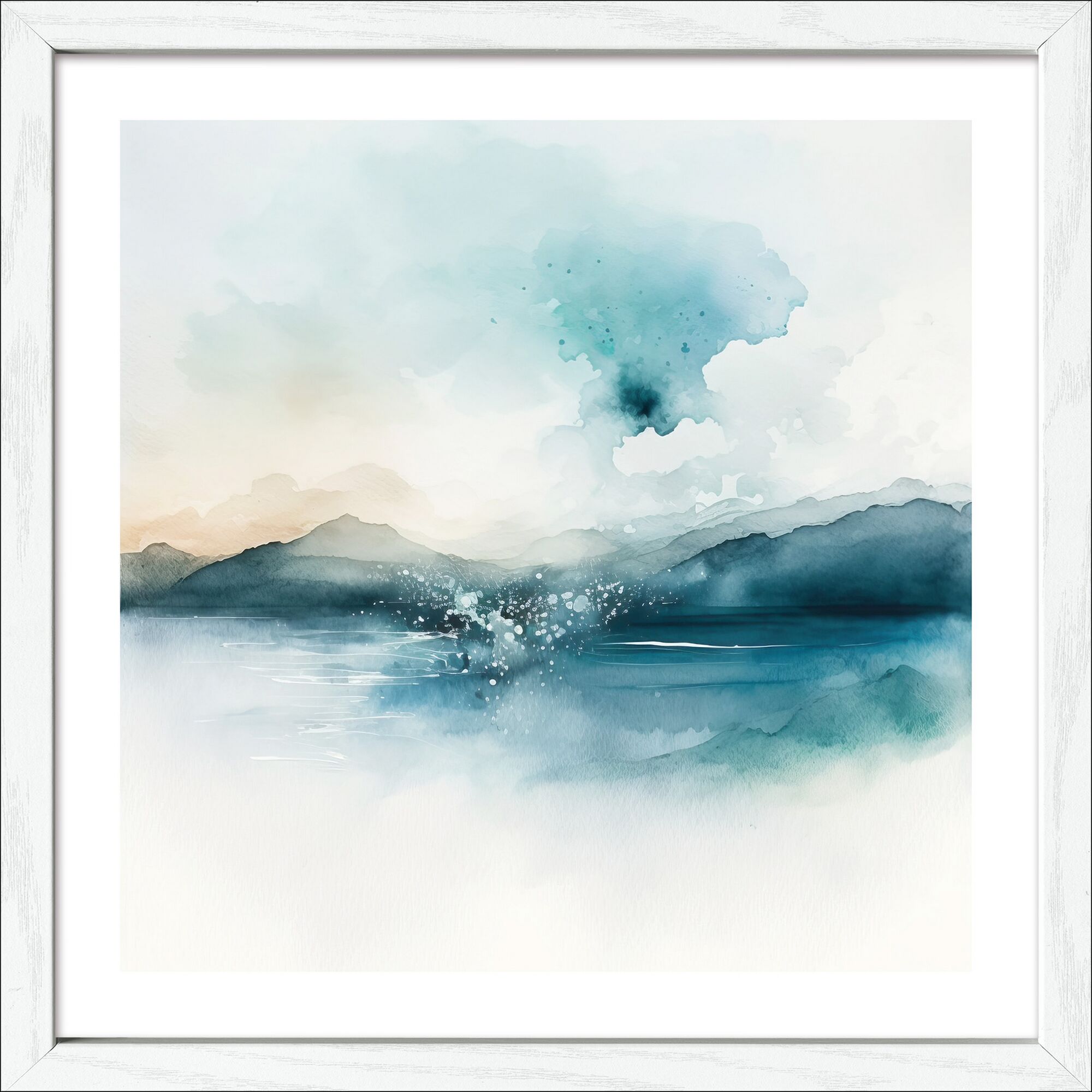 Aquarellgemälde von Bergen und Wasser.