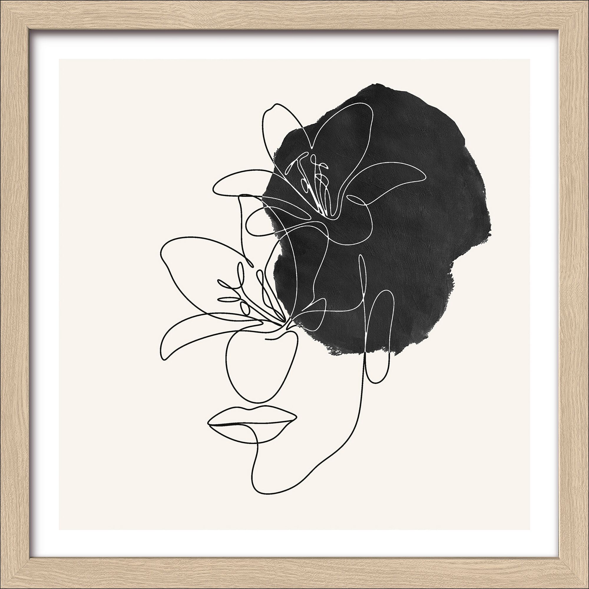 Schwarz-weiße Linienzeichnung eines Gesichts mit Blume.