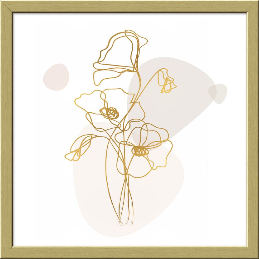 Goldene Linienzeichnung von Mohnblumen auf beigem Hintergrund.