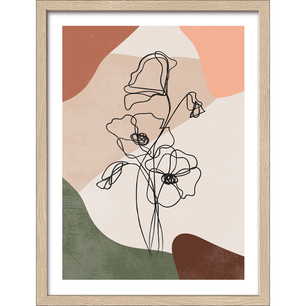 Abstrakte Zeichnung von Mohnblumen vor buntem Hintergrund.