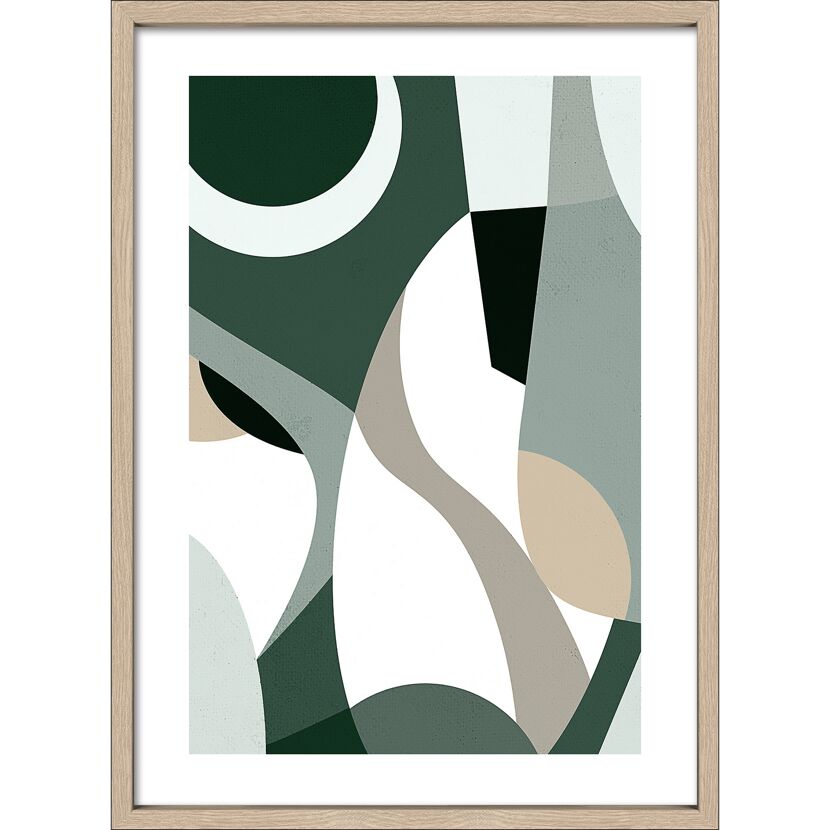 Abstraktes Kunstwerk in Grün, Weiß, Beige und Schwarz