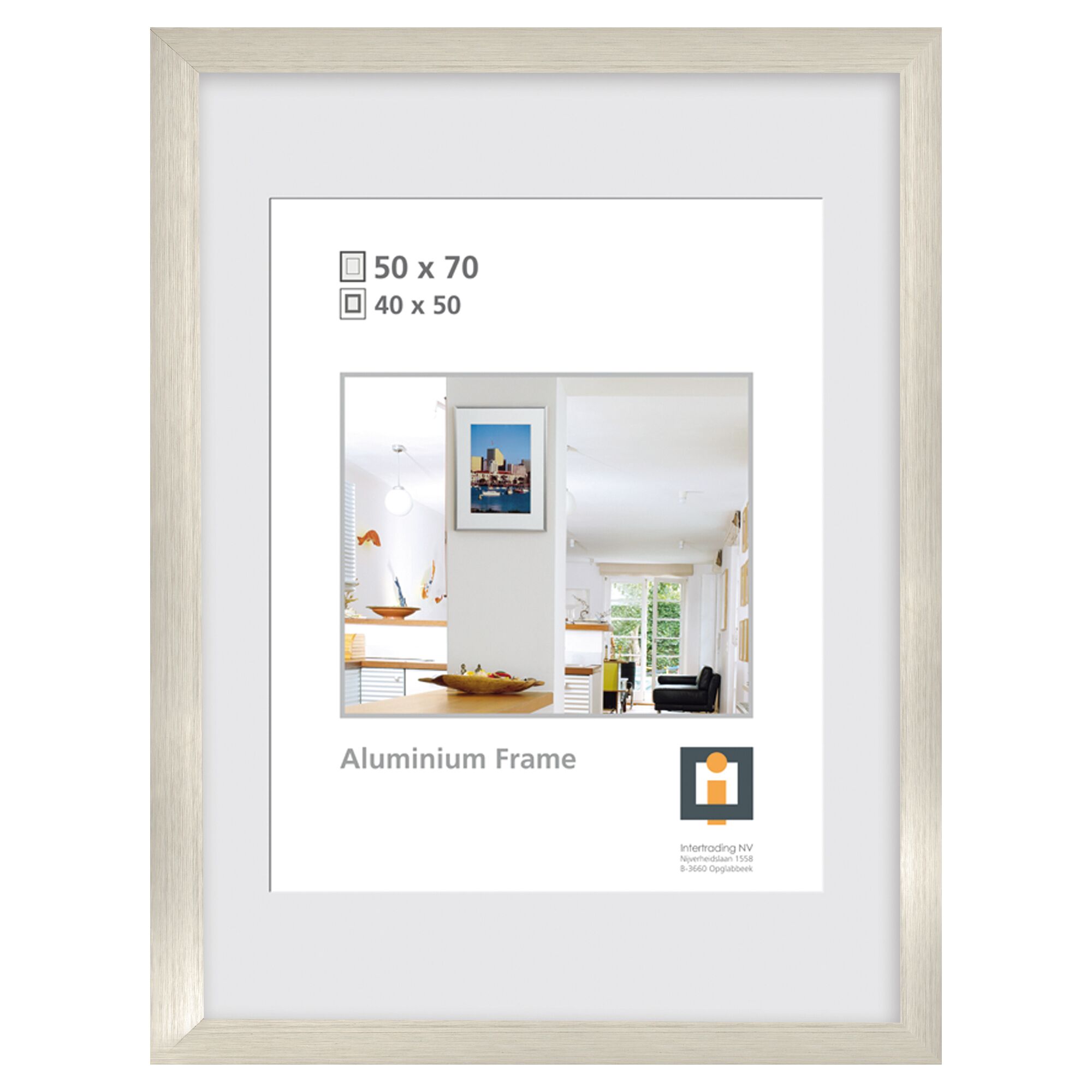 Silberner Aluminiumrahmen mit Beispielbild.