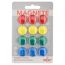 12 bunte Magnete in rot, gelb, grün und blau auf Verpackung