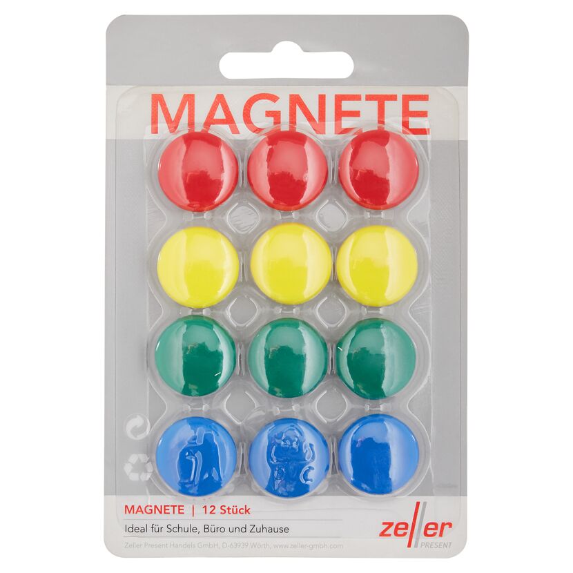 12 bunte Magnete in rot, gelb, grün und blau auf Verpackung