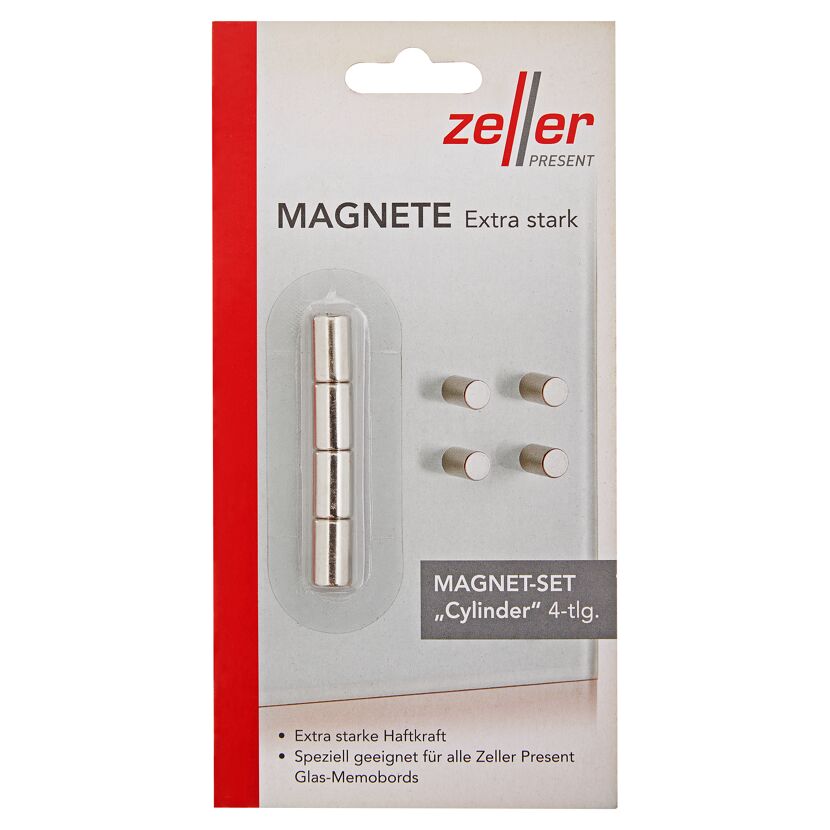 Vier zylinderförmige Magnete auf einer weißen Fläche.