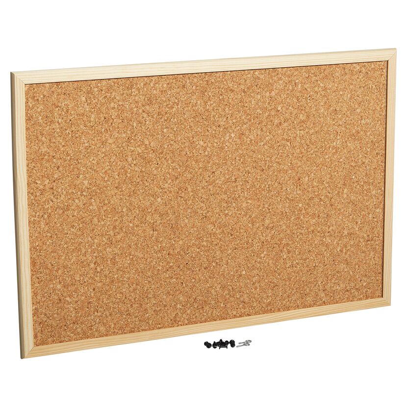 Eine Korkpinnwand mit Holzrahmen.