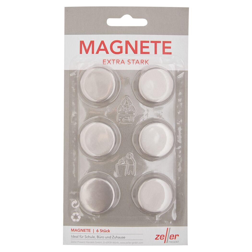 Sechs runde, extra starke Magnete in Verpackung