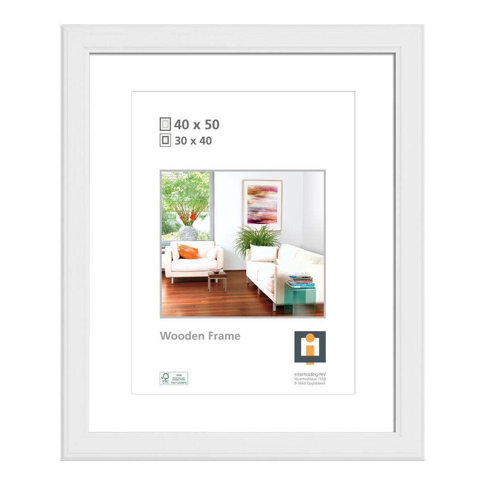 Weißer Holzrahmen mit Beispielbild