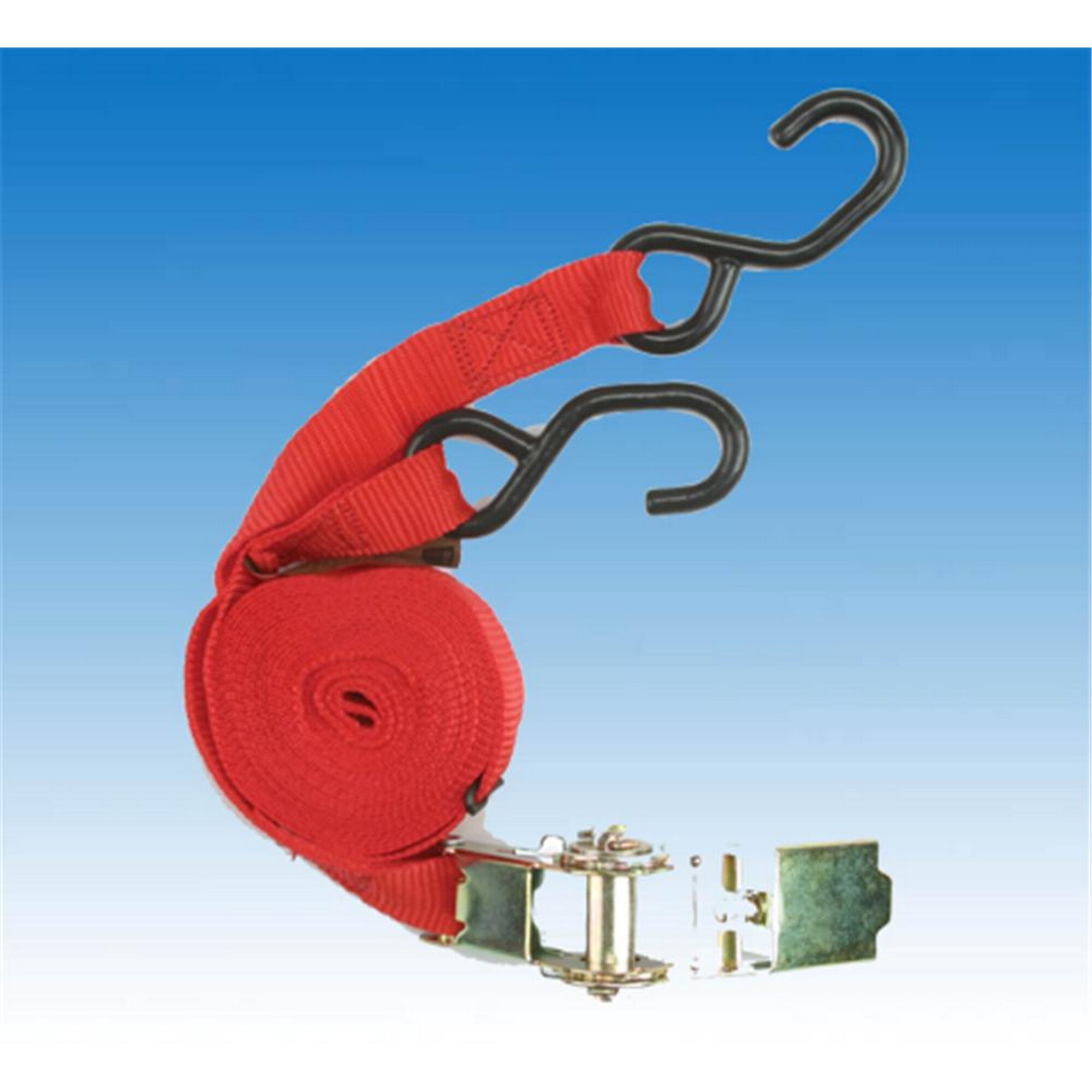 Roter Zurrgurt mit Haken und Ratsche.