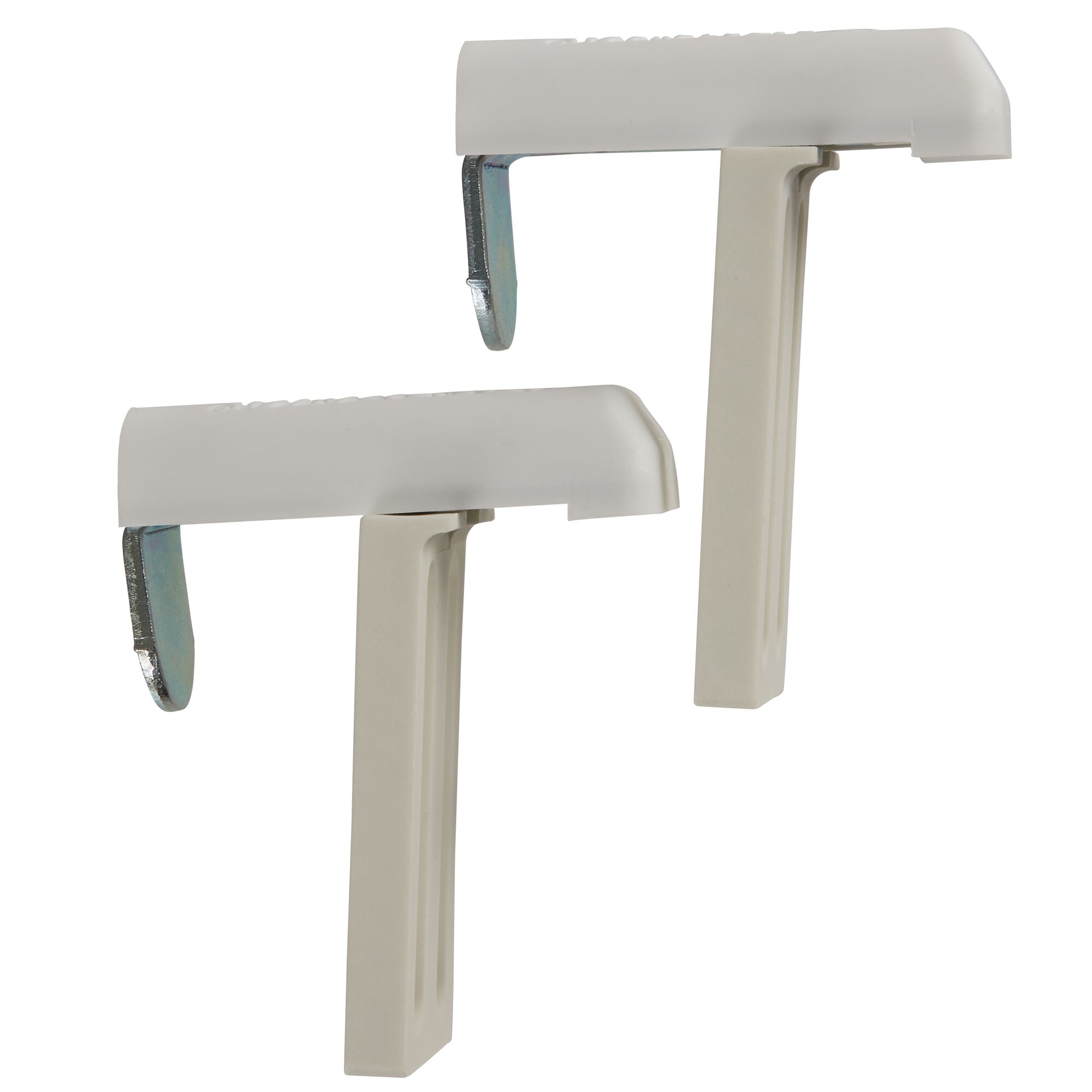 Zwei weiße Universalklemmträger aus Metall