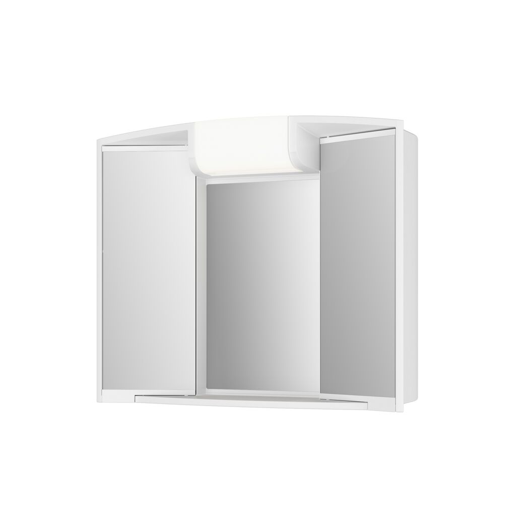 Weißer Spiegelschrank mit Beleuchtung und zwei Türen.