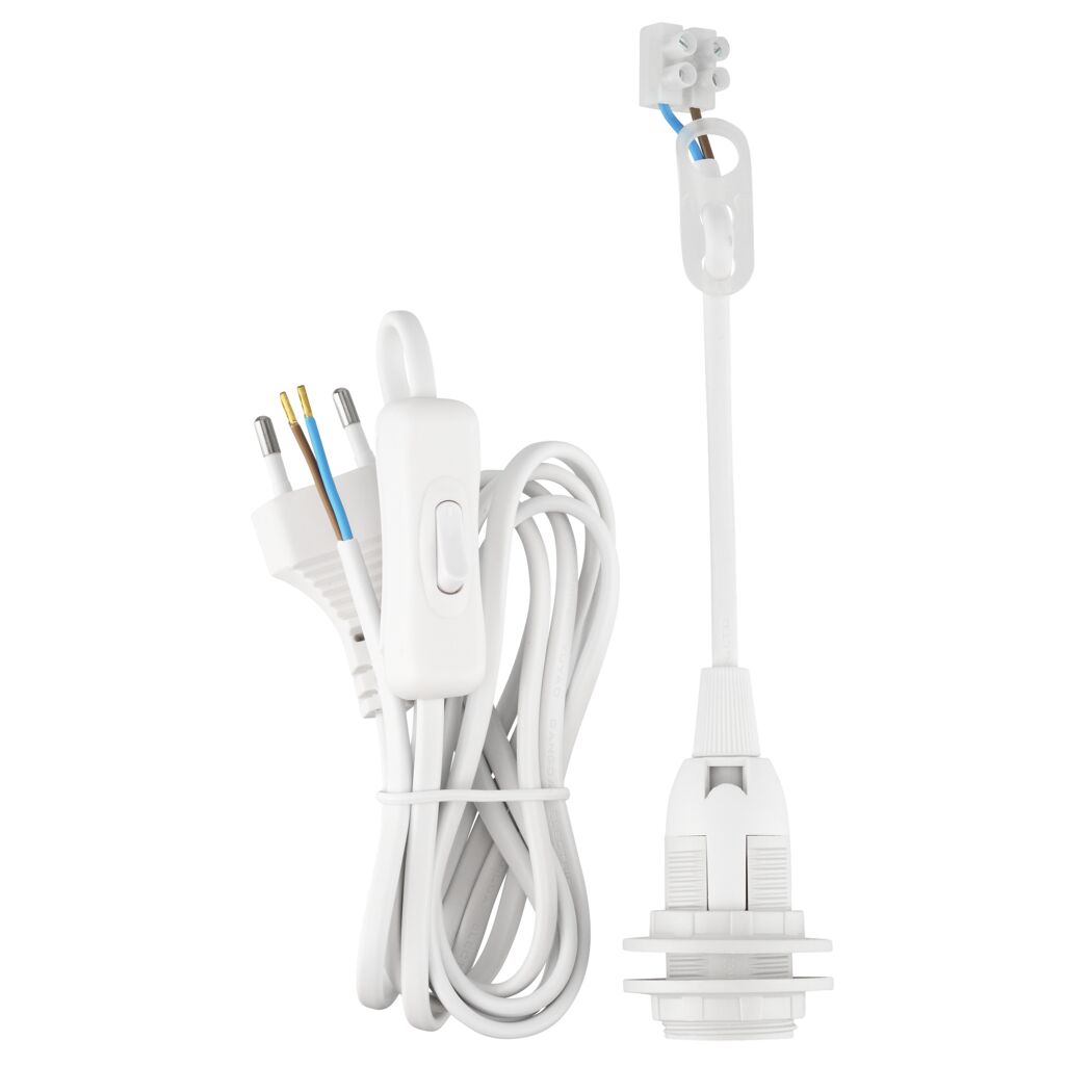 Weißes Beleuchtungs-Set mit Stecker, Schalter und Fassung.