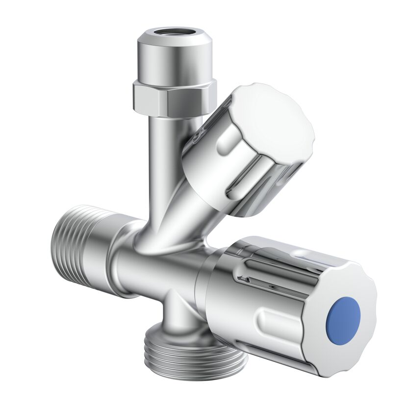Geräte-Eckventil verchromt 1/2" AG x 3/4" AG x 3/8" AG x 10 mm