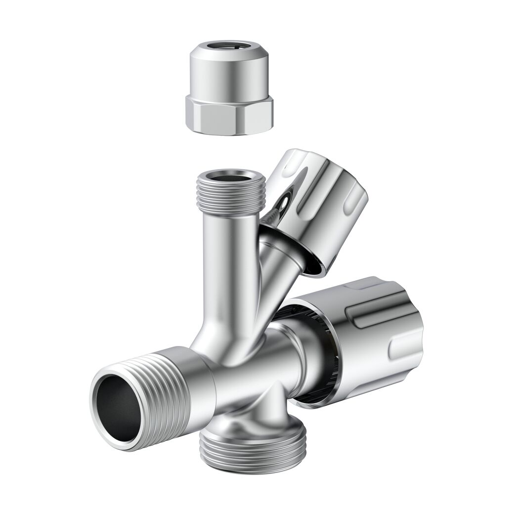 Geräte-Eckventil verchromt 1/2" AG x 3/4" AG x 3/8" AG x 10 mm