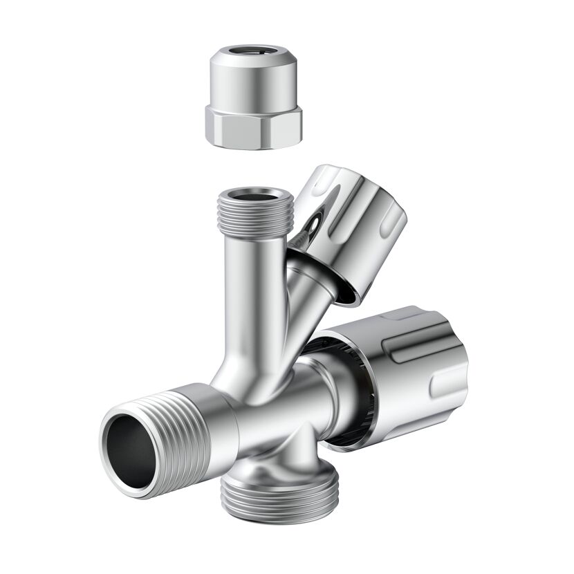 Geräte-Eckventil verchromt 1/2" AG x 3/4" AG x 3/8" AG x 10 mm