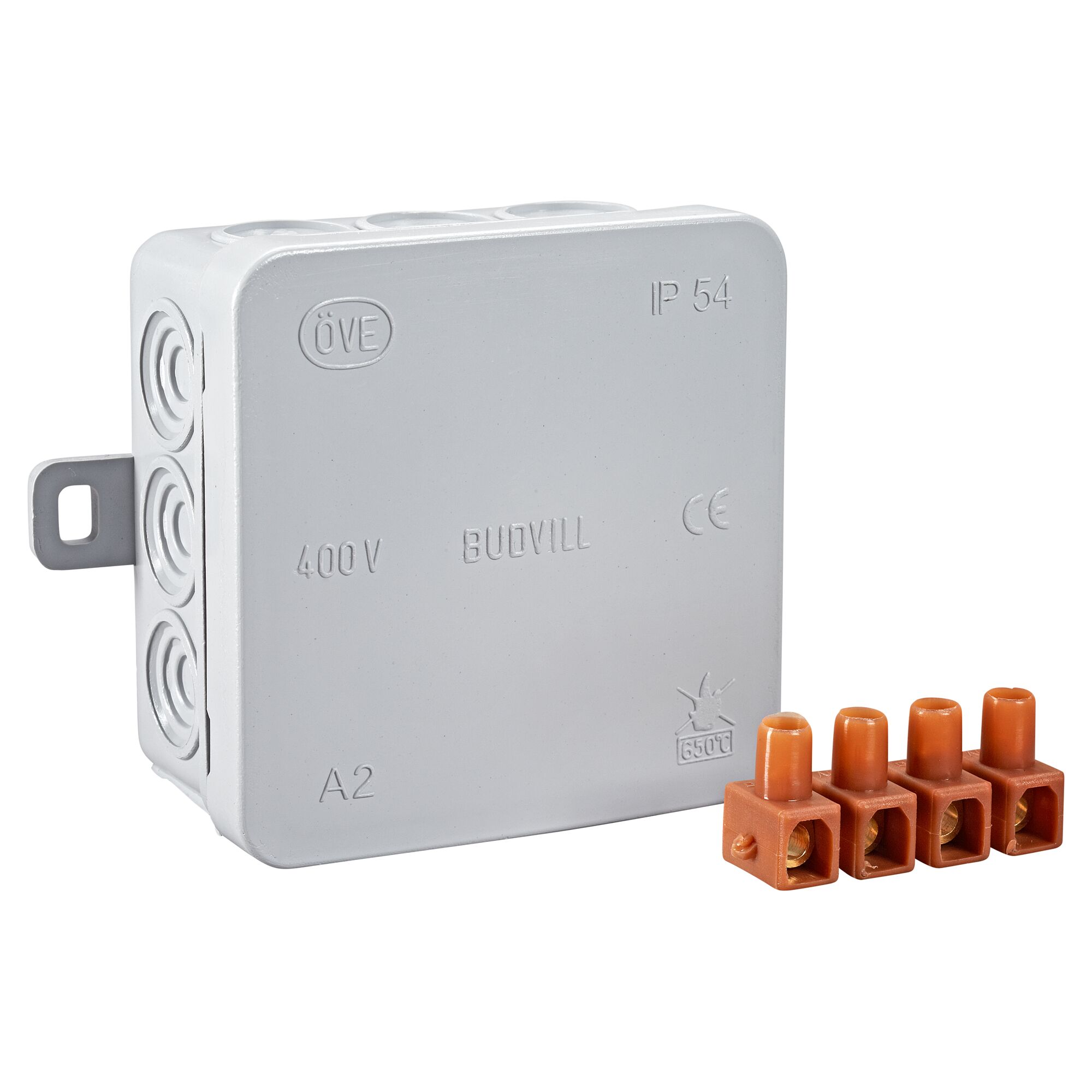 Grauer Abzweigkasten mit vier Lüsterklemmen