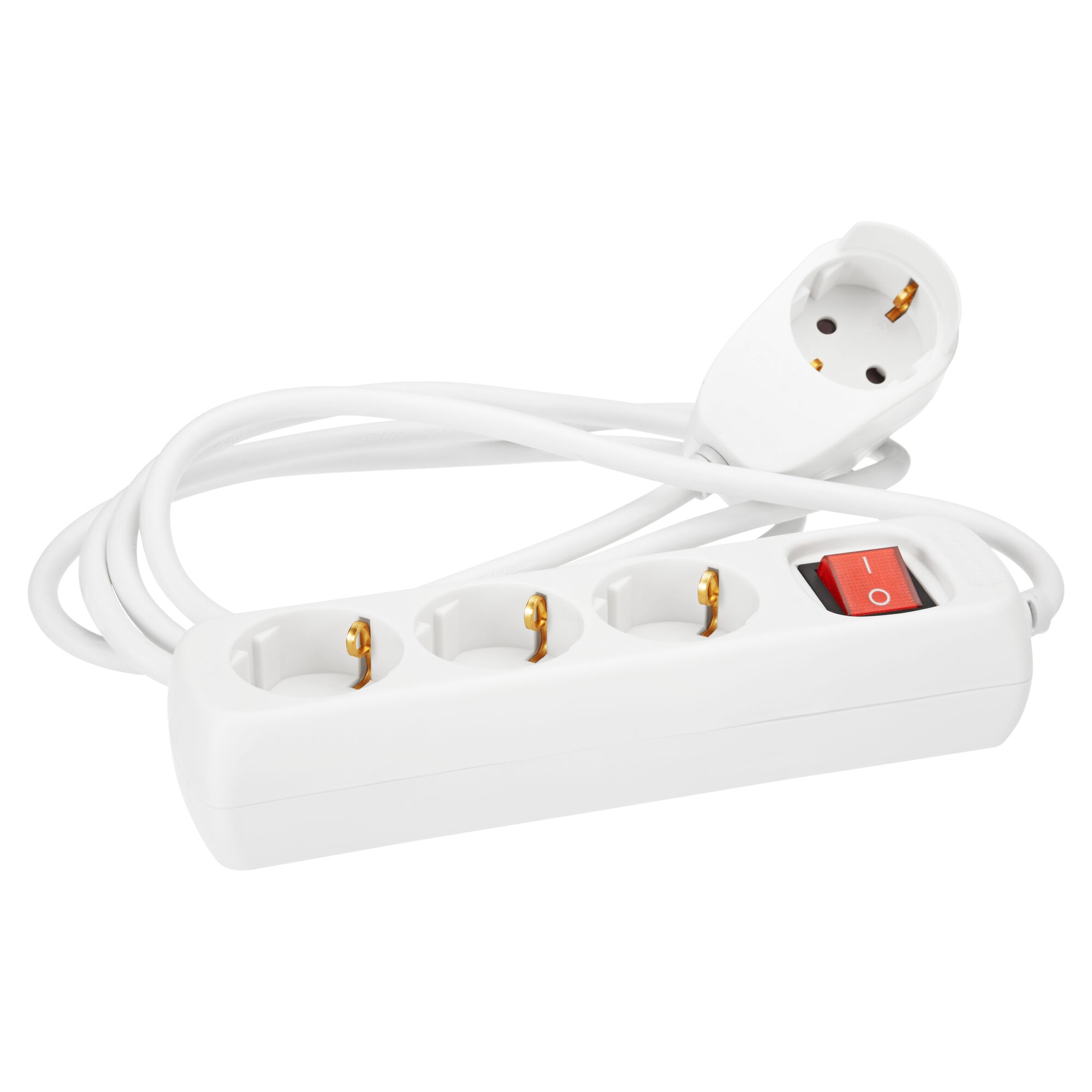 Weiße Steckerleiste mit drei Steckplätzen und rotem An-/Ausschalter.