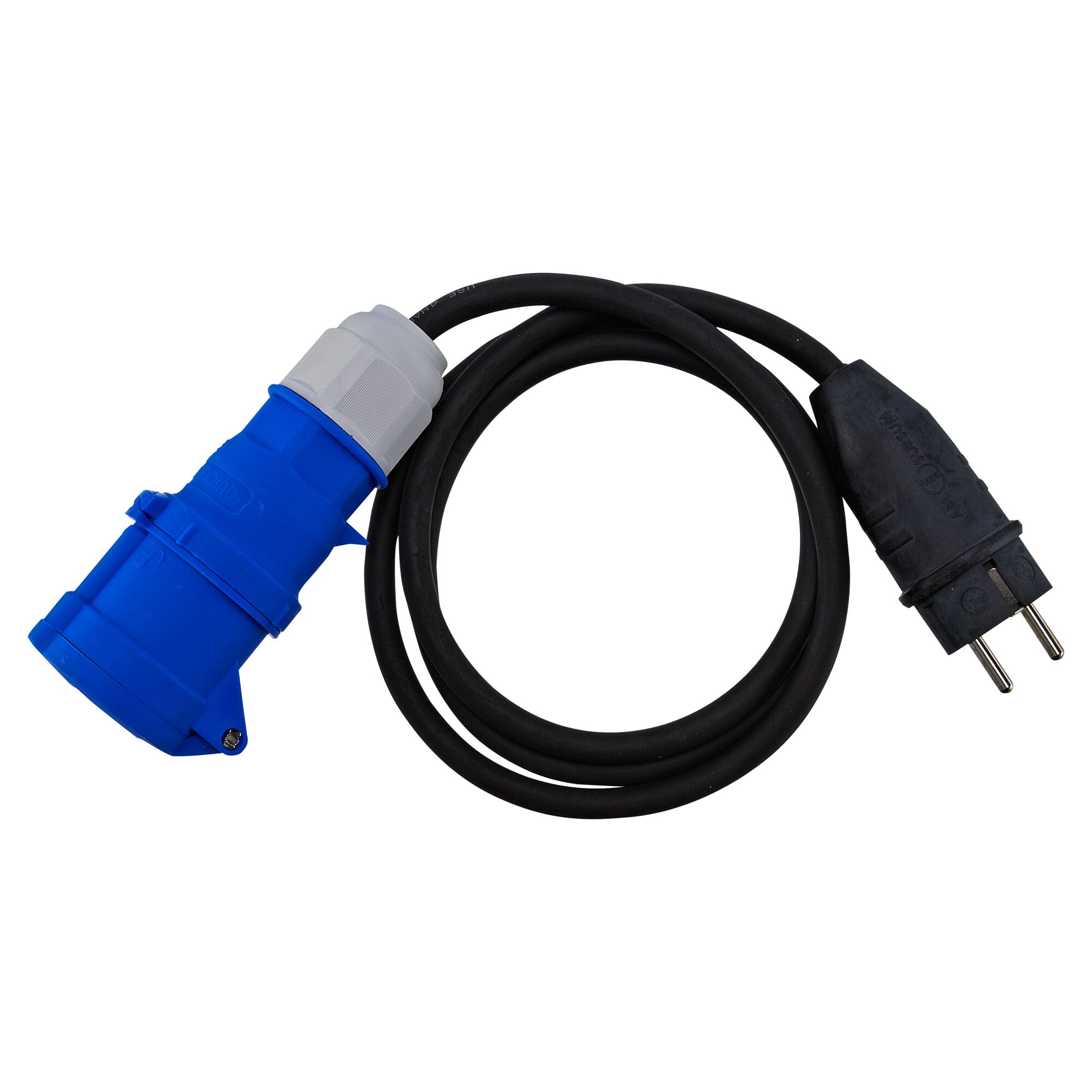Blauer CEE-Adapter mit Schuko-Stecker