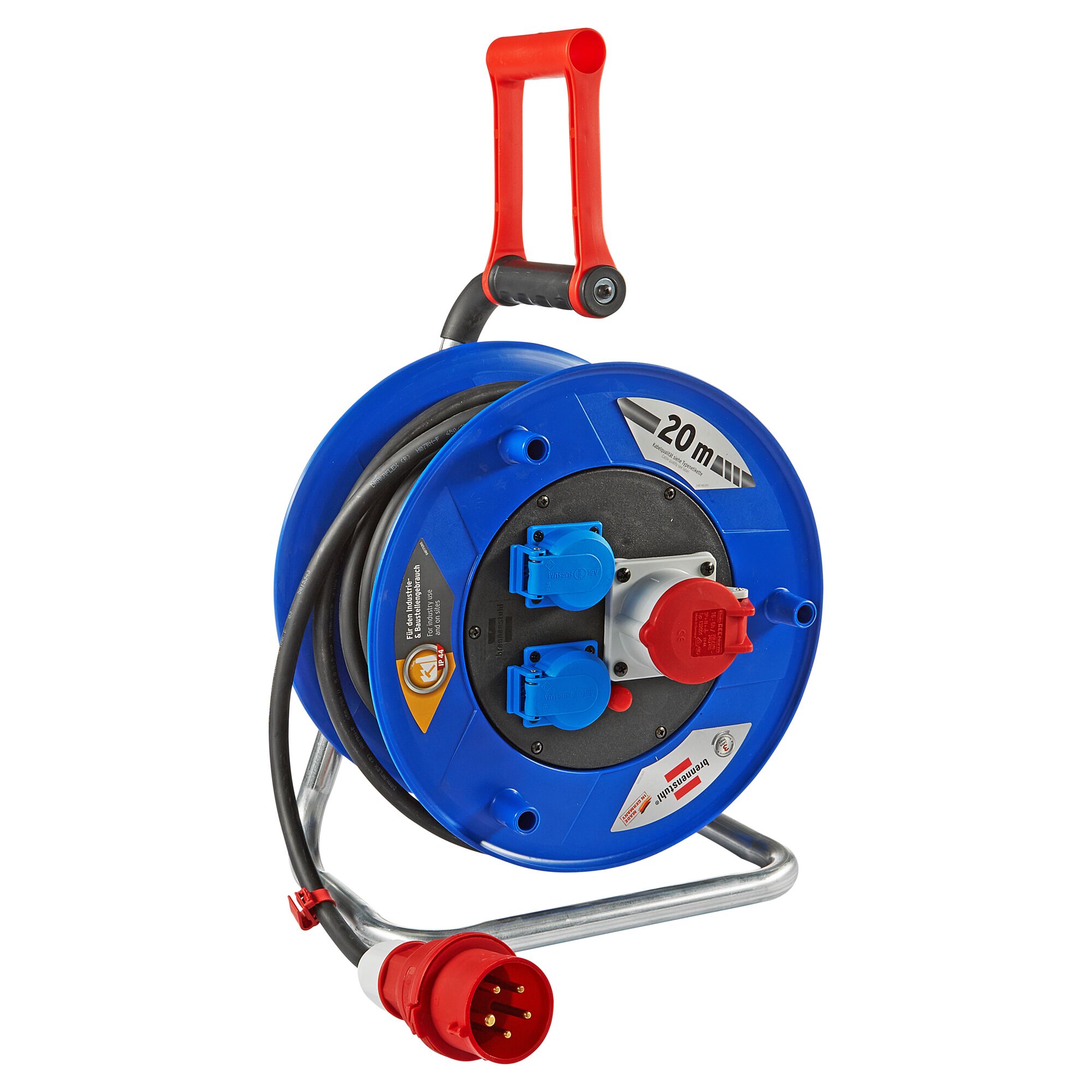 Blaue Kabeltrommel mit 20m Kabel und Tragegriff