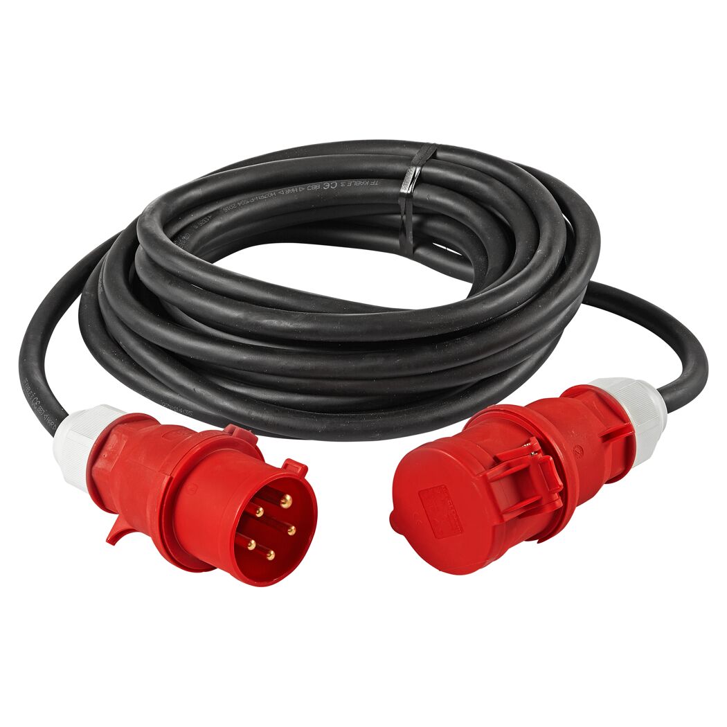 Schwarzes Verlängerungskabel mit roten Steckern