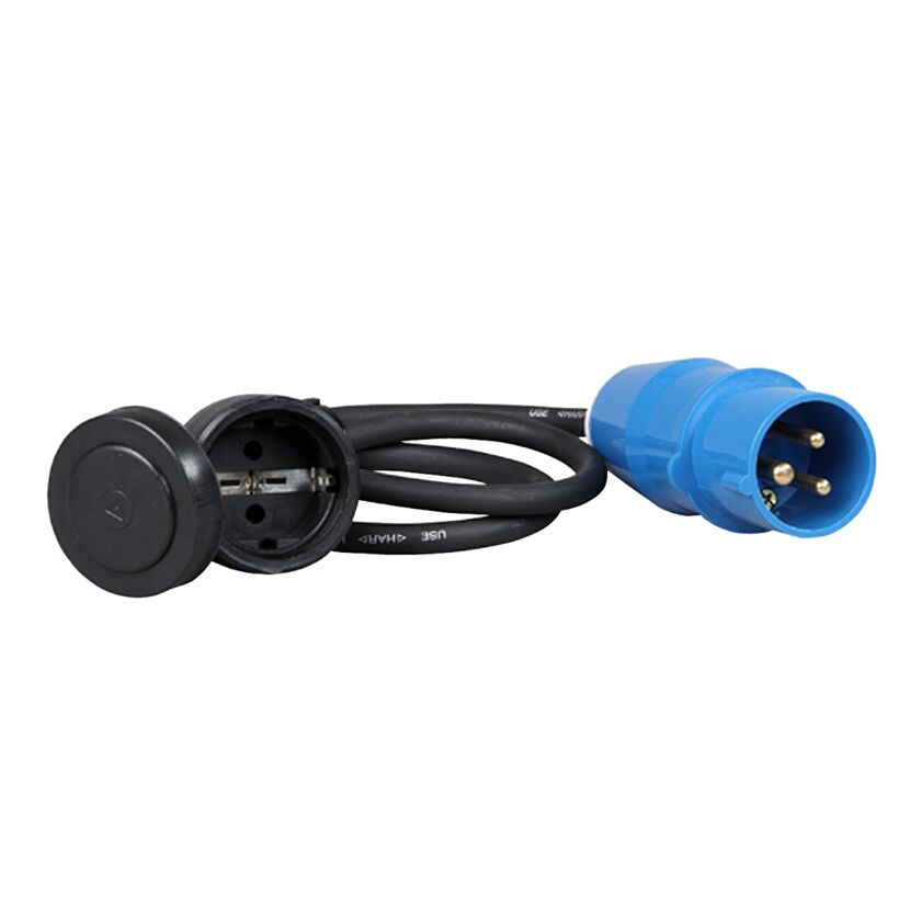 Blauer CEE-Stecker mit schwarzem Schutzkontakt-Stecker