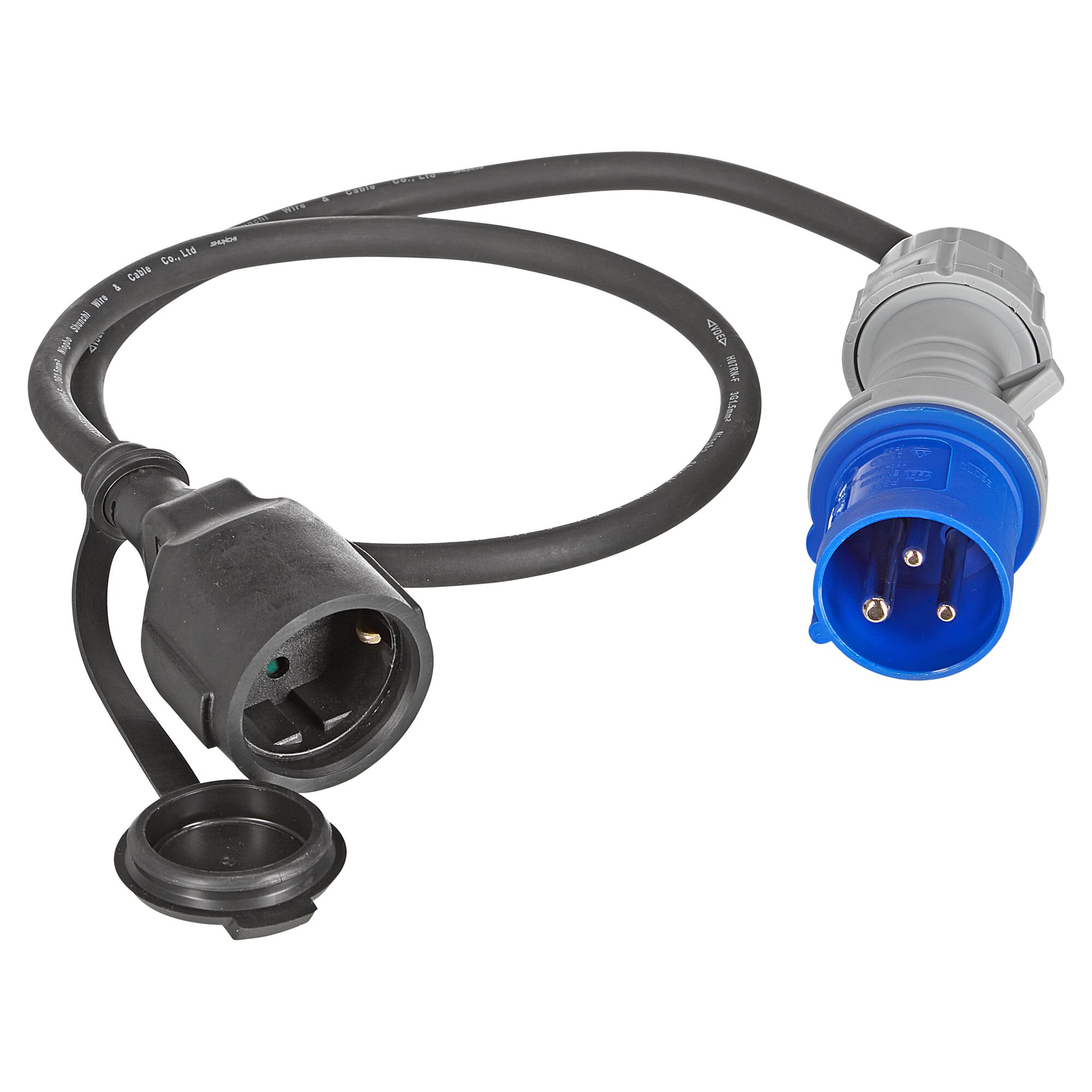 Schwarzes Kabel mit blauem Stecker