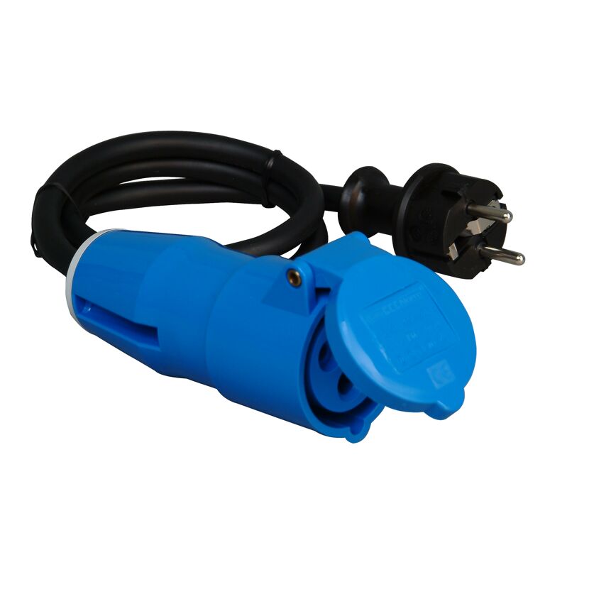 Blauer Caravan-Adapter mit schwarzem Kabel und Stecker.