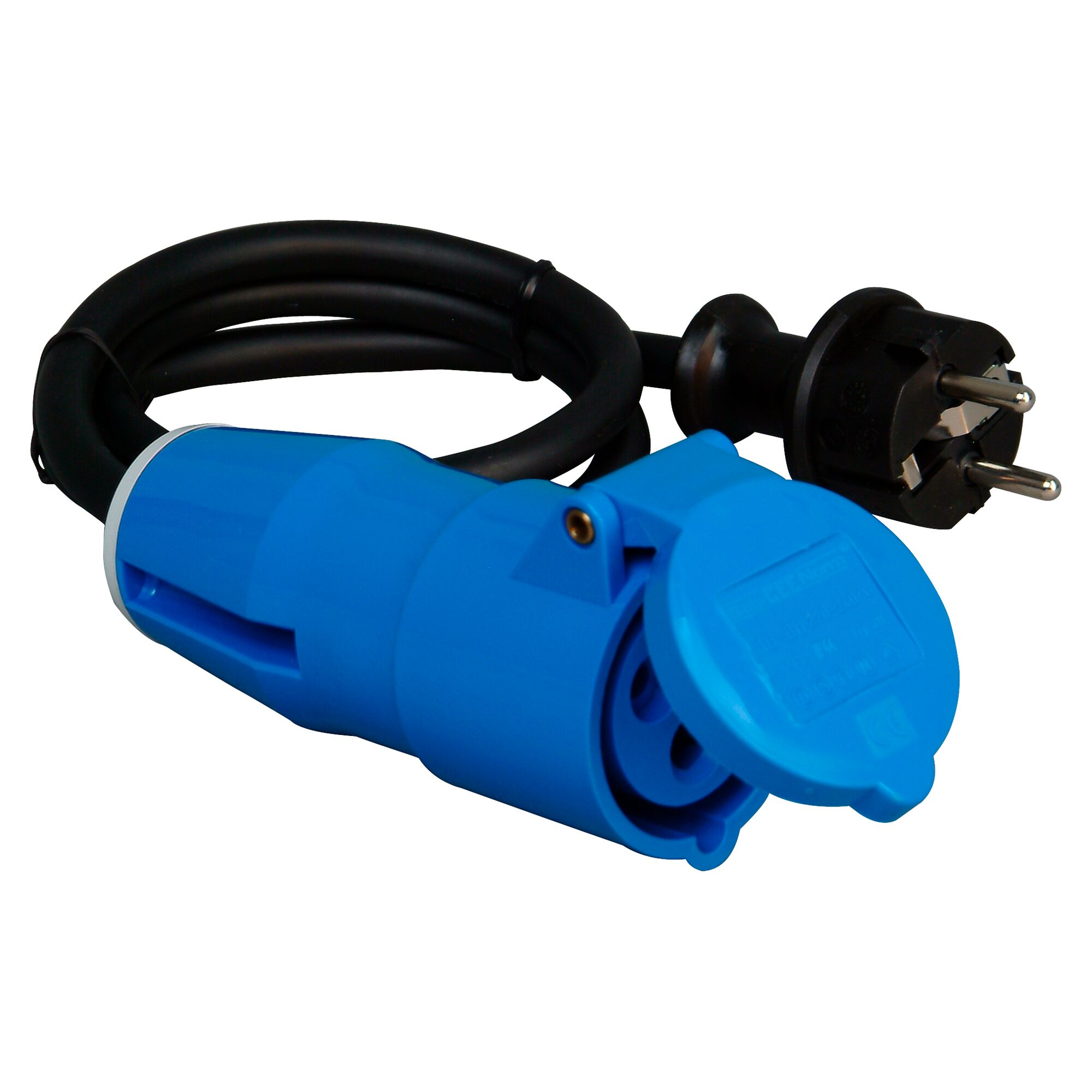 Blauer Caravan-Adapter mit schwarzem Kabel und Stecker